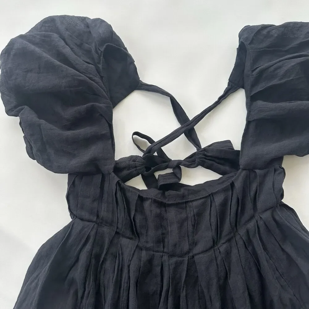 NWT Free People Marina Black Mini Dress Gauze Puff Sleeve Size Small